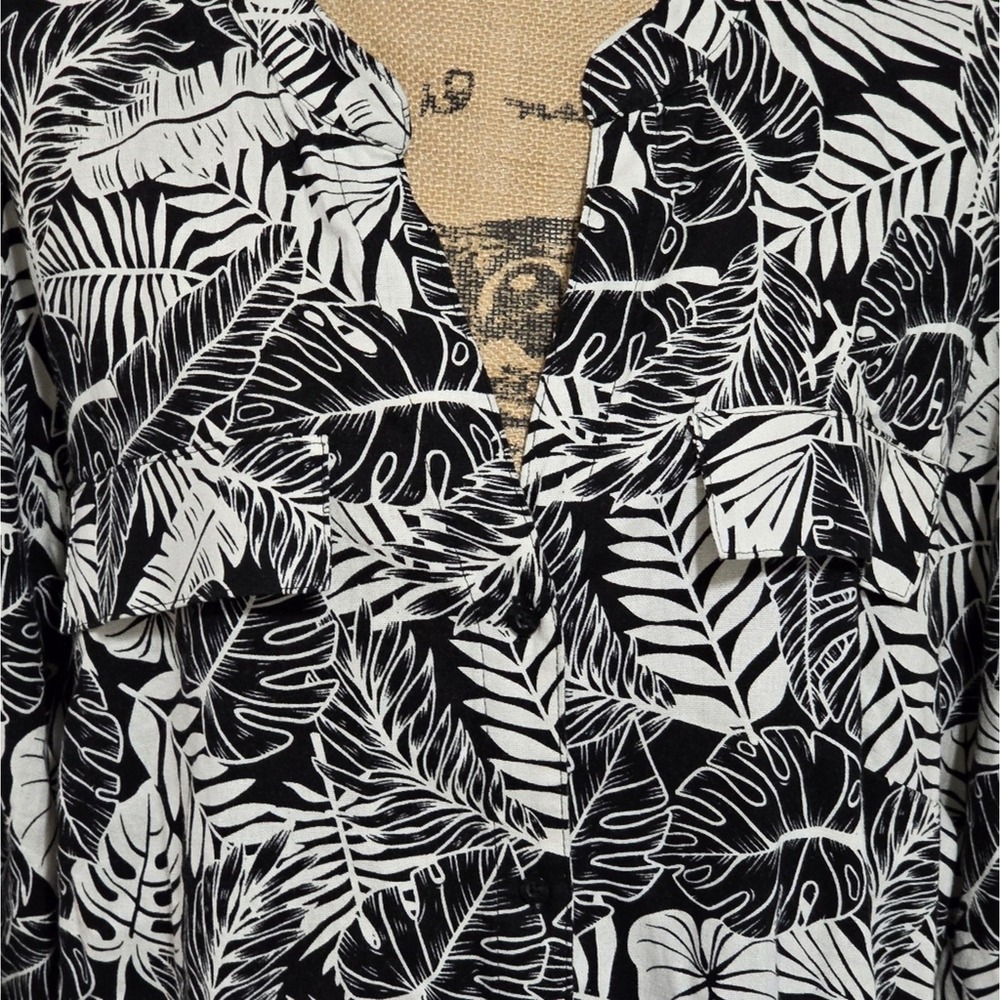 Calvin Klein Black White Tropical Palm Linen Blend Button Blouse Top Shirt 3X - Picture 6 of 11